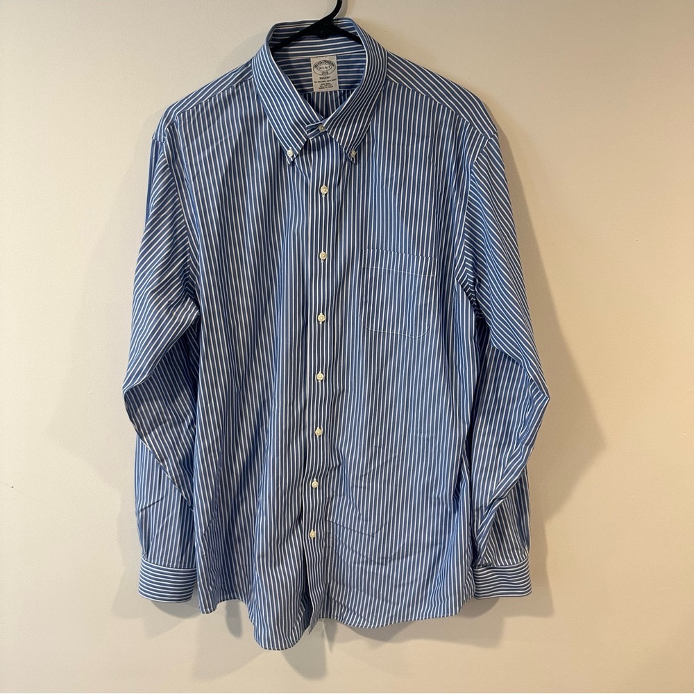 Brooks Brothers Non-Iron Regent Fit Blue White Bengal Stripe Dress Shirt 16.5 36